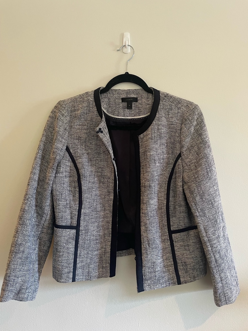 J. Crew Gray Tweed Collarless Jacket with Black Piping